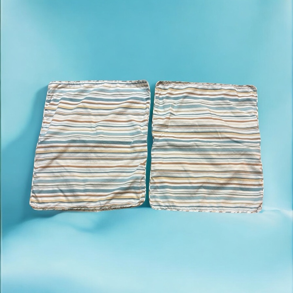 Set 2 Ralph Lauren Cottage Pillow Shams Spriped Blue Tan Piped Edge Slit Opening